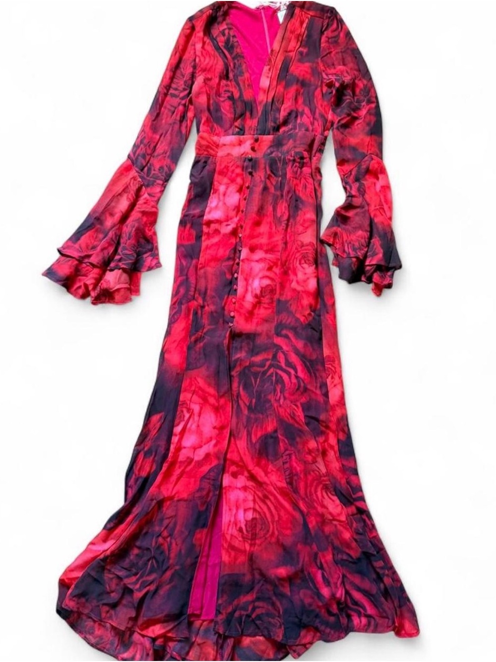 Women's Red Floral V-Neck Maxi Dress with Ruffled Bell Sleeves